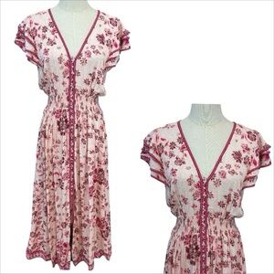 Poupette St. Barth Pink White Floral Print Button Front Dress M Ruffle Sleeves